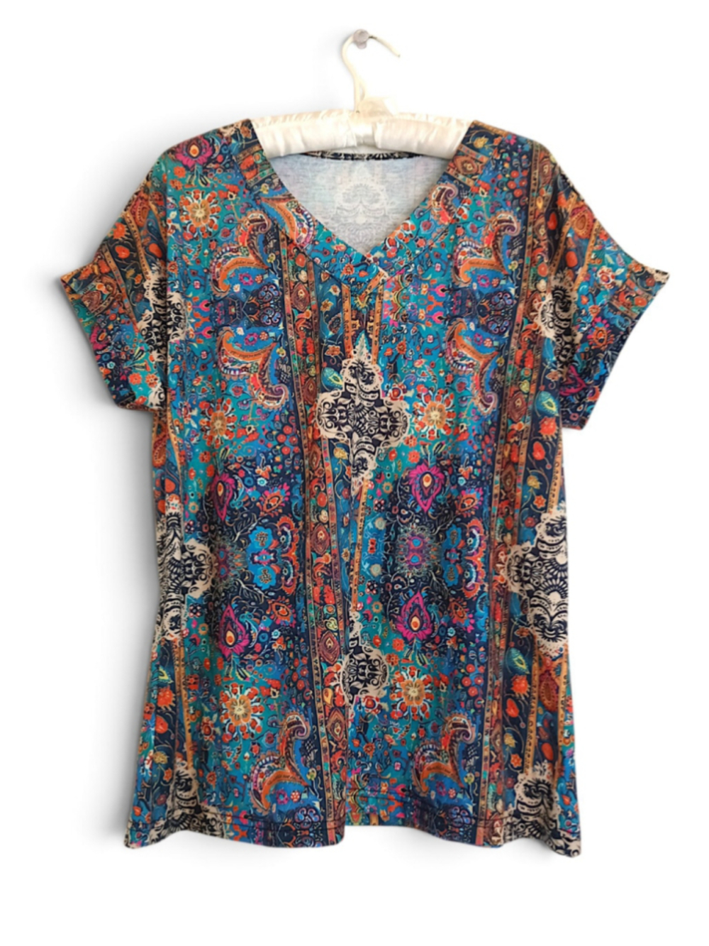 Boho Paisley Top Vneck Rolled Sleeves Soft Stretchy Colorful Western Blue Orange